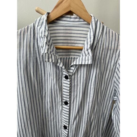 Womens Medium Linen Feel Top Long Sleeves Collared Striped Blue Embroidered - Picture 2 of 12